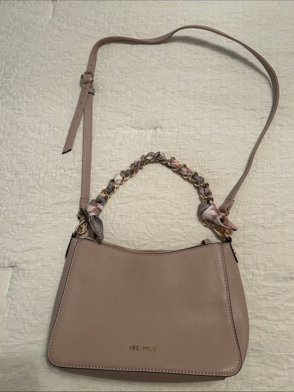 Anne Klein Dusty Pink Shoulder Bag with Chain-Scarf Handle